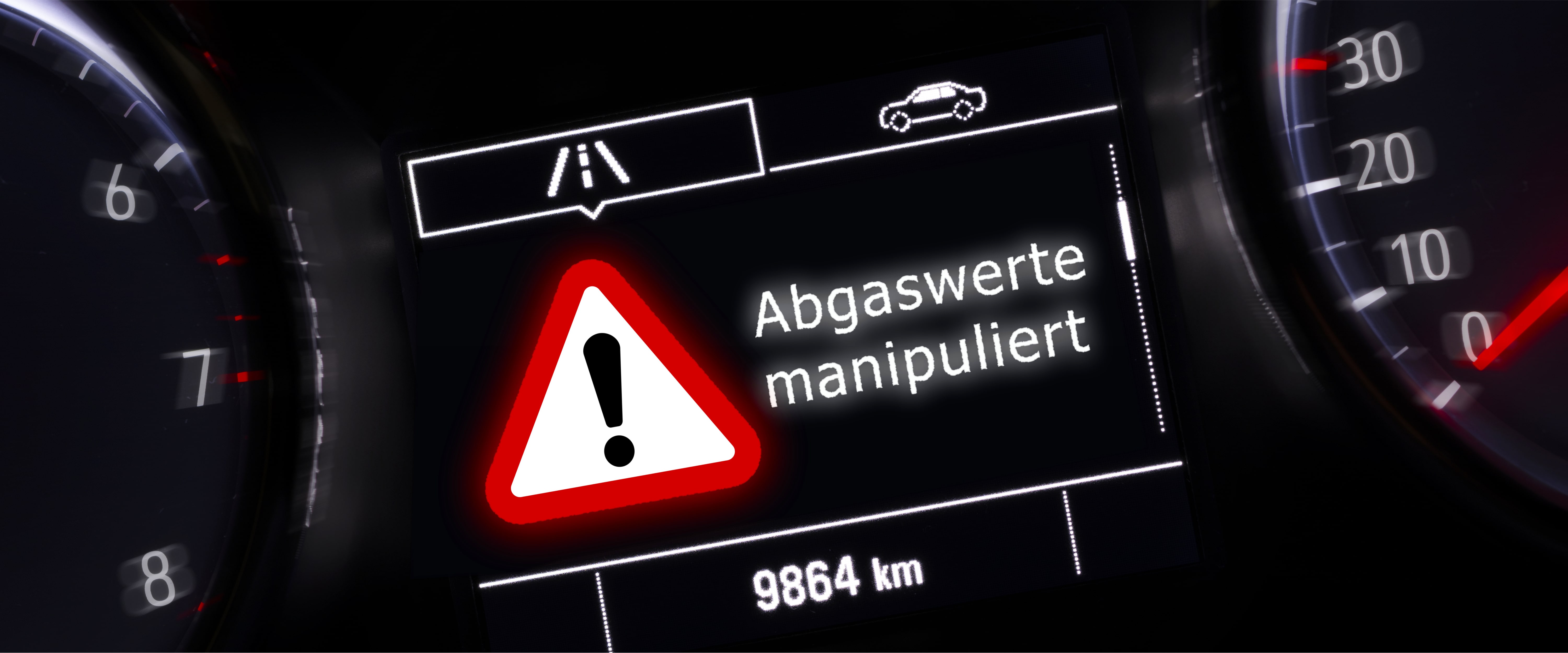 Warnhinweis im Auto mit der Nachricht "Abgaswerte manipuliert"