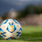 Fußball mit Logo auf einem Rasen.