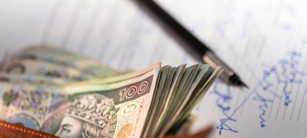 Portemonnaie mit Geld und Gerichtsdokumenten zur Geldauflage im Insolvenzverfahren
